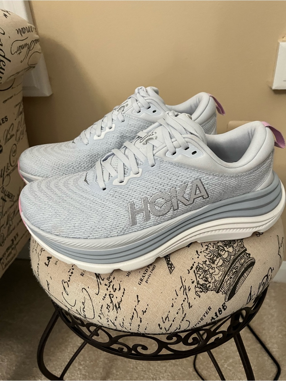 Hoka Women’s Light Gray and Pink Running Sneakers